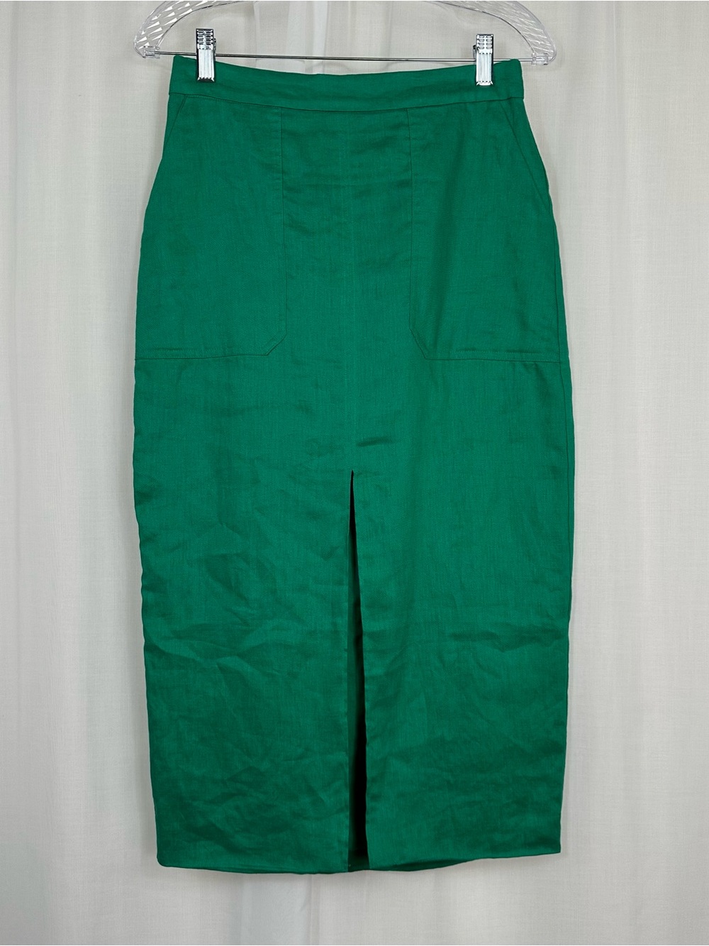 REISS Jackson Plain Green Linen Midi Pencil Skirt 4 Cotton Lined Front Slit